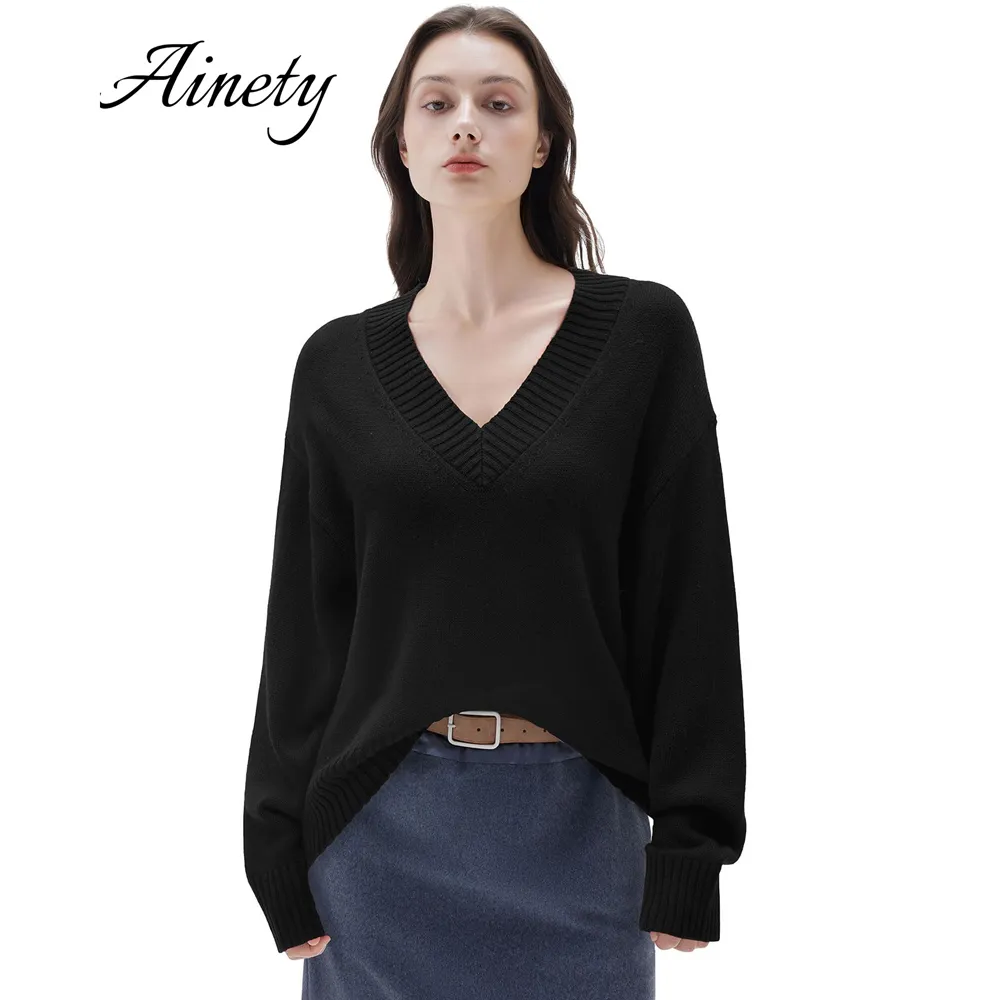 Classic Ladies Sweater Cashmere Blend Pullover Sweater V Neck Knitted Sweater Clothing