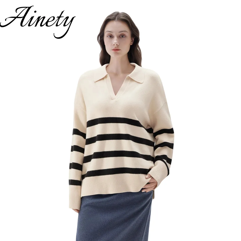 Wholesale Cashmere Sweater Women's Oversized V Neck Collared Knitted Pullover Winter Wear