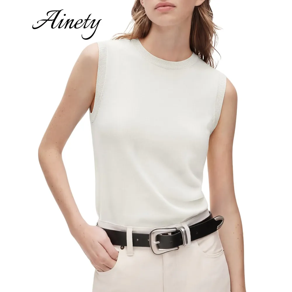 Summer Women's Silk Blend Cashmere Sweater Crew Neck Sleeveless Knitted Sweater Tanktop Garment