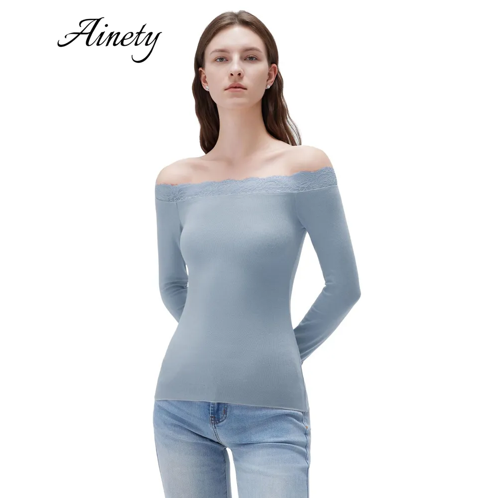 Customizable Women's Sweater Cashmere Lace Off Shoulder Long Sleeve Knitwear Top