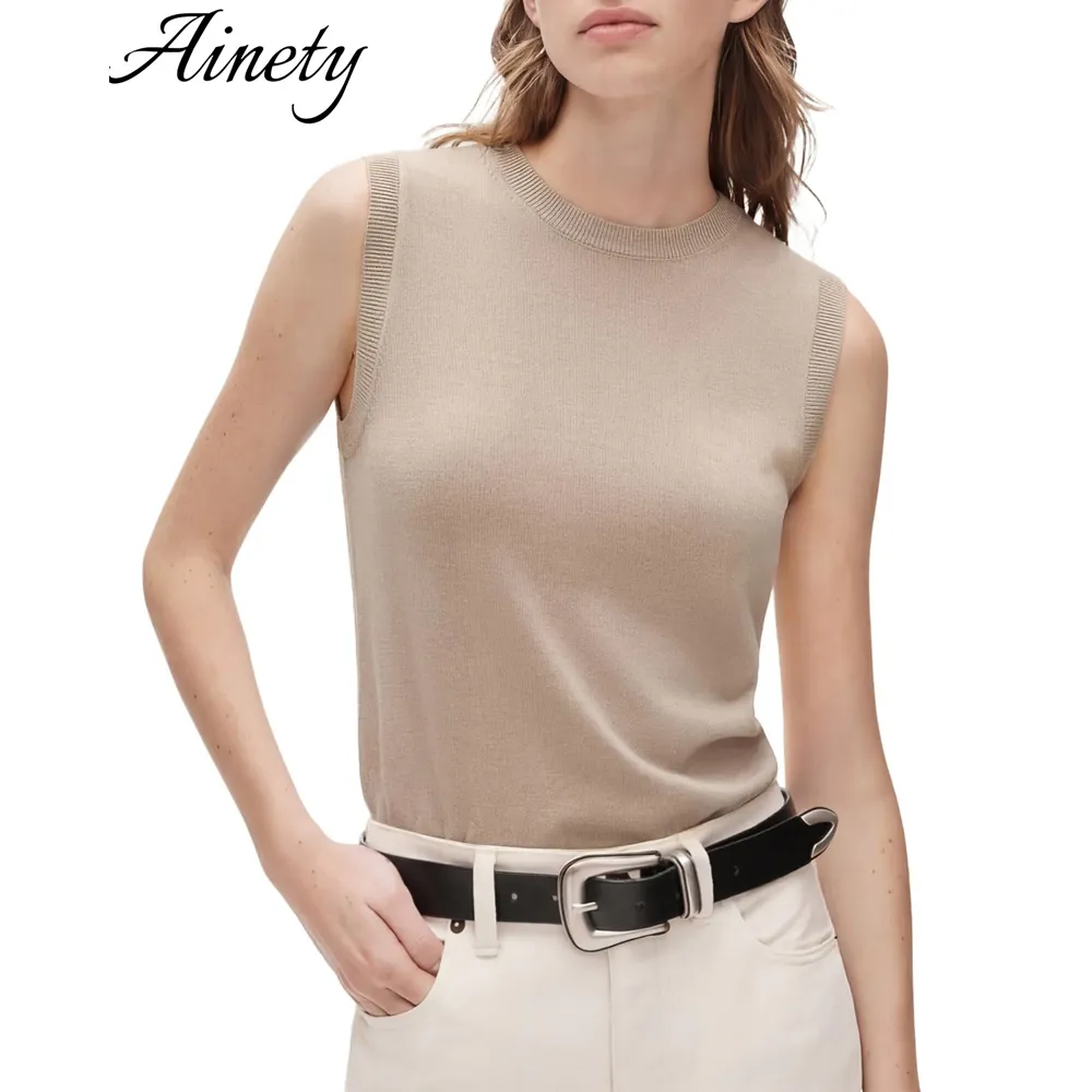 Women Silk Cashmere Blend Crew Neck Sweater Vests Sleeveless Tank Tops