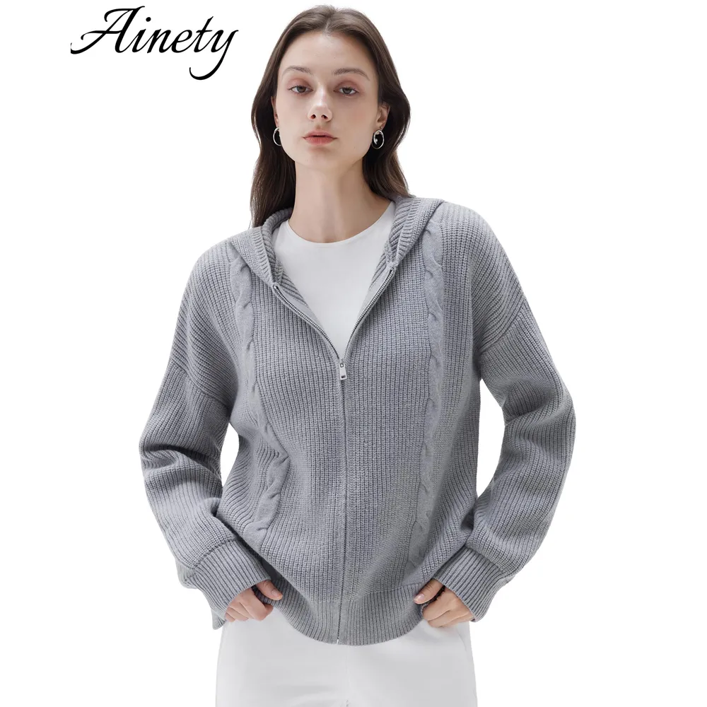 Casual Women's Sweater Cashmere Blend Chunky Knit Hooded Cardigan