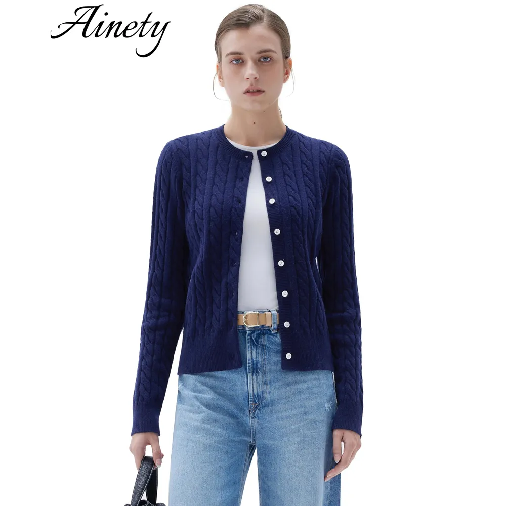 Women Cable Knit Cashmere Blend Sweaters Crew Neck Button Up Cardigan