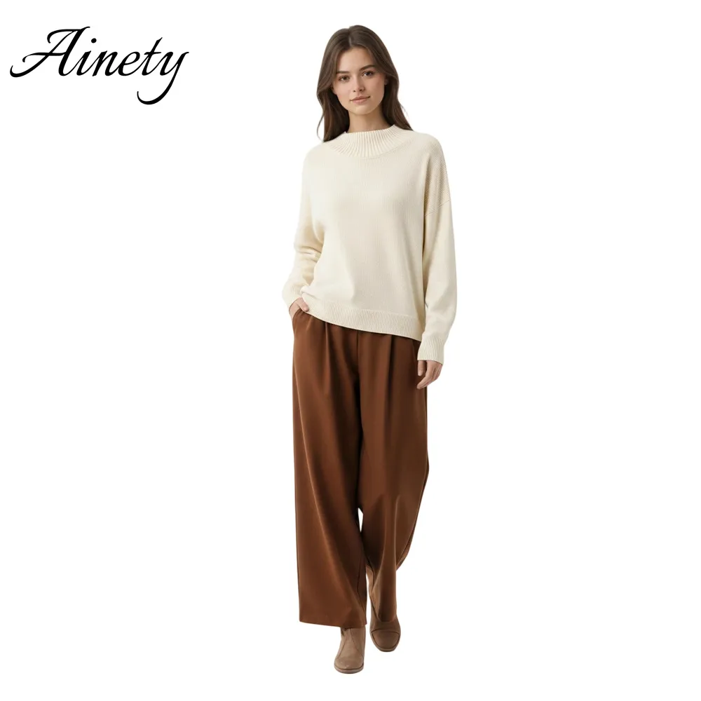 Elegant Knitwear Women 100% Cashmere Sweater Mock Neck Ribbed Long Sleeve Pullover