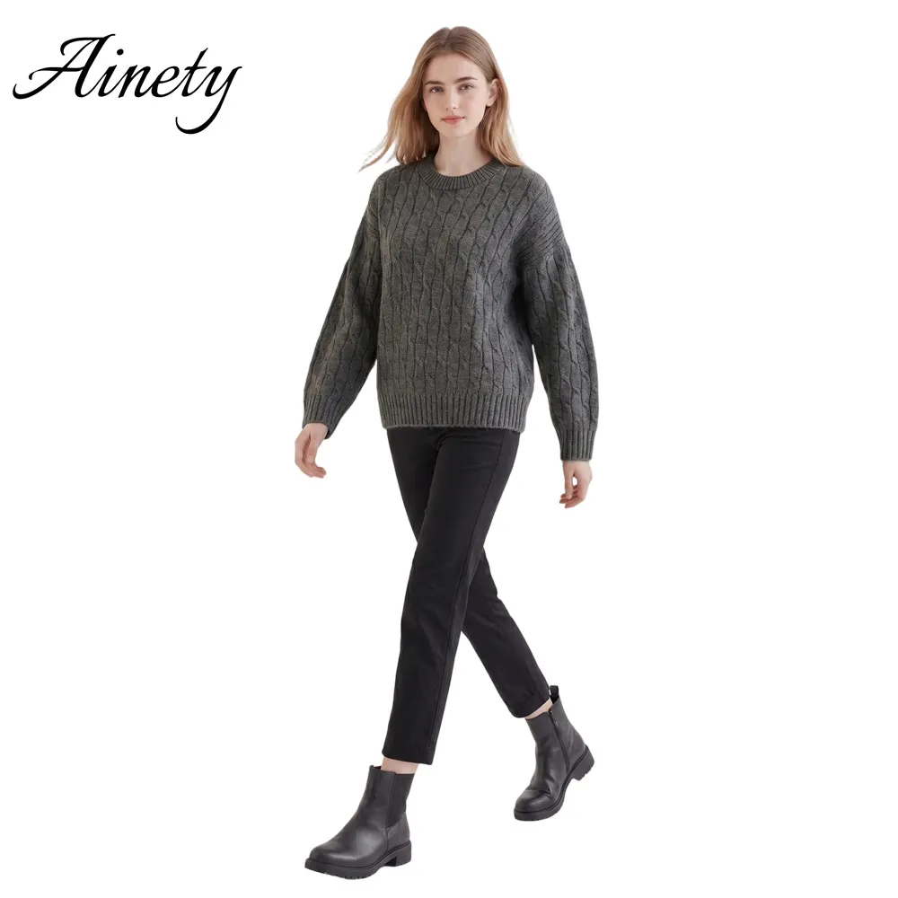 Factory Supply Knitwear Women 100% Cashmere Sweater Cable Knit Crew Neck Winter Sweater