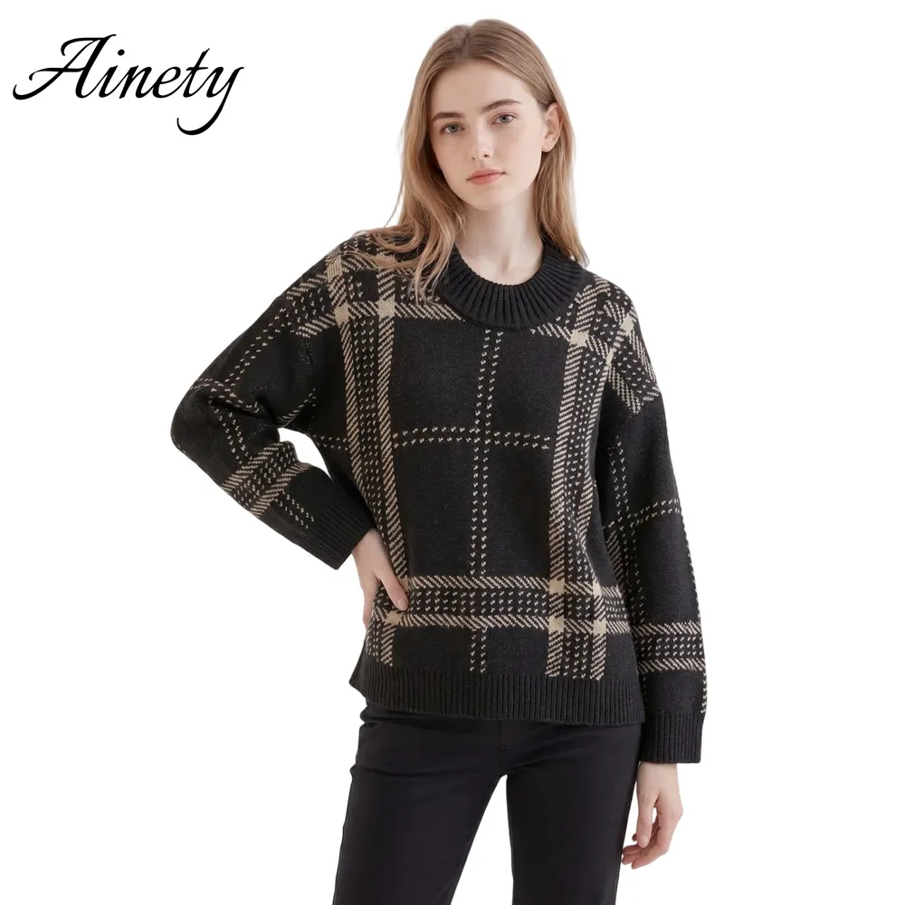 Direct Factory Knitwear Women 100% Cashmere Plaid Jacquard Mock Neck Winter Sweater