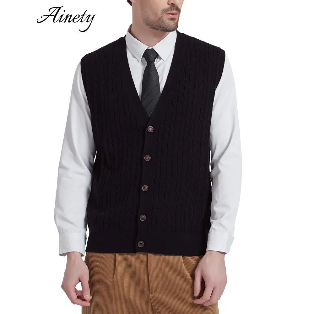 Men Clothing Cable Knit Sweater Vest V Neck Sleeveless Cardigan