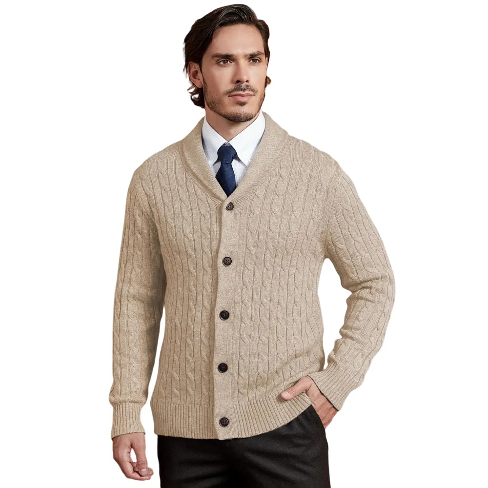 Men Sweater Wool Cardigan Sweater Cable Knit Shawl Collar Fashion Clothes