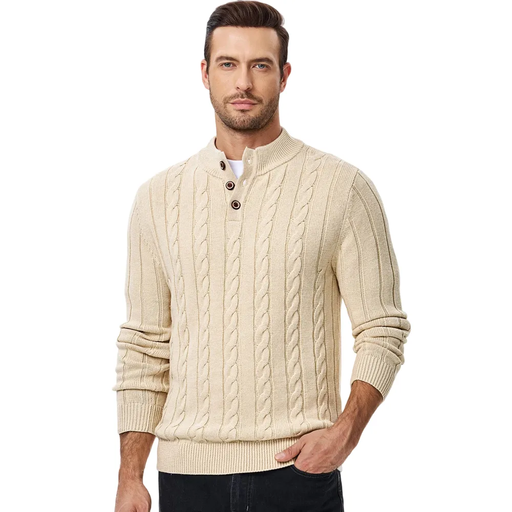 Cozy Men Wool Sweater Blend Cable Knit Pullover Sweater Long Sleeve Stand Collar