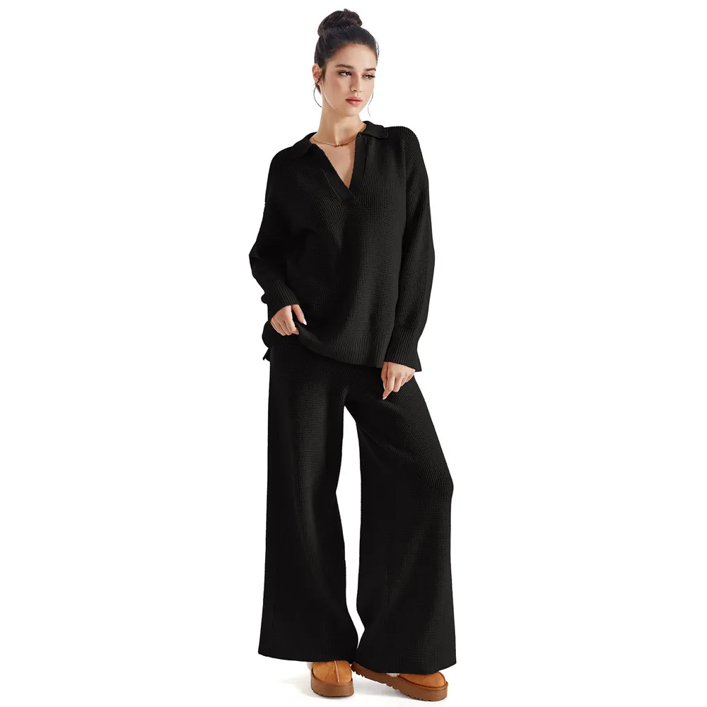 Customizable Women Clothing Waffle Knit Pullover Wide Leg Pants Two Piece Set