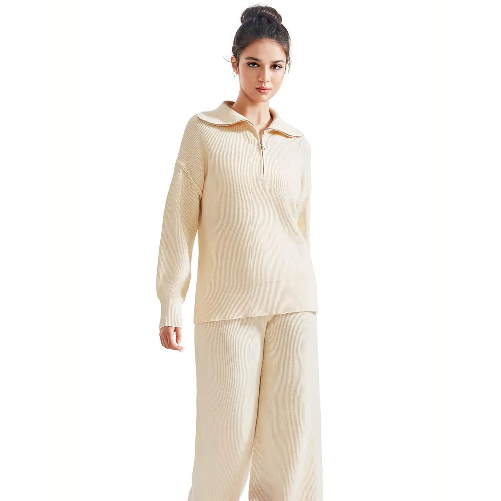 Cozy Women's Sweater Set Quarter Zip Top with Wide Leg Pants