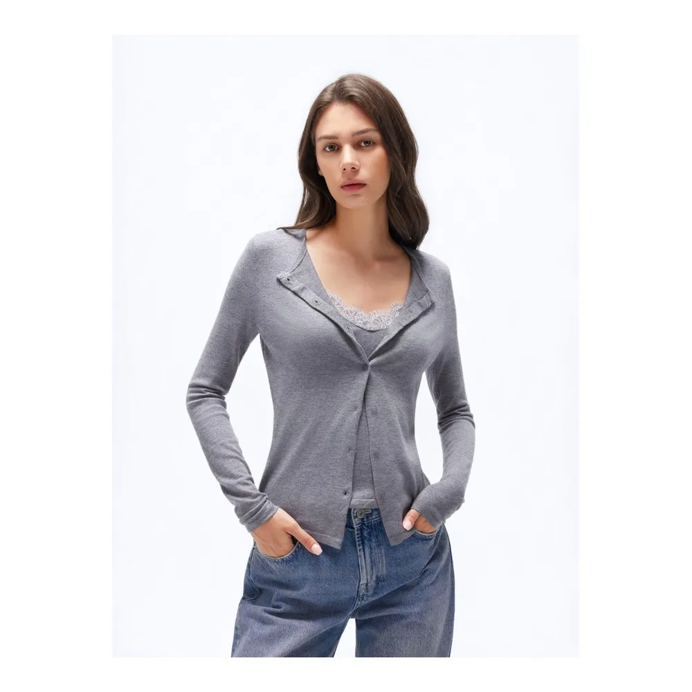 Women's Knitwear Cashmere Blend Lace Neckline Long Sleeve Fitted Cardigan Sweater