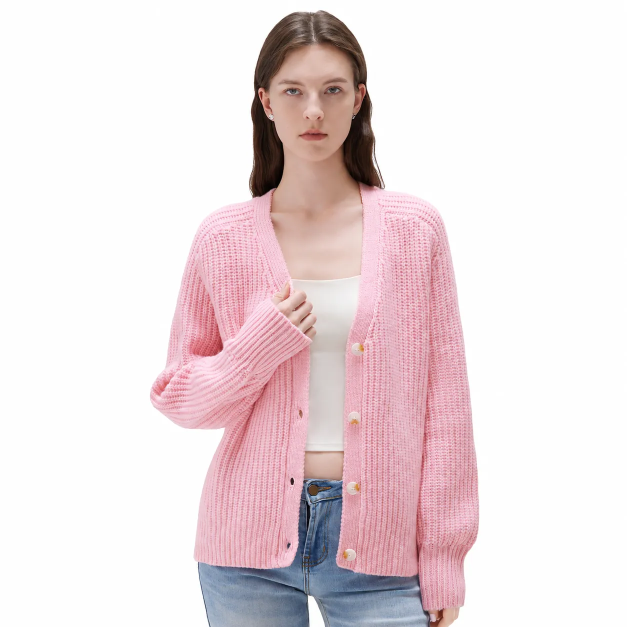 Direct Factory Women Clothing Rib Knit Button Down Relaxed Cardigan Sweater