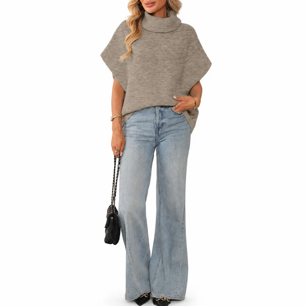 Source Factory Ladies Sweater Mock Neck Relaxed Fit Batwing Knitwear Top