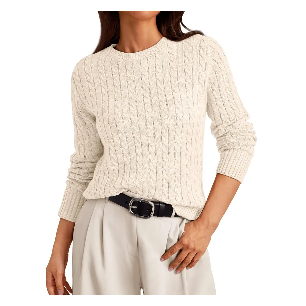 Women's Knitwear Cable Knit Crew Neck Long Sleeve Lightweight Pullover Sweater