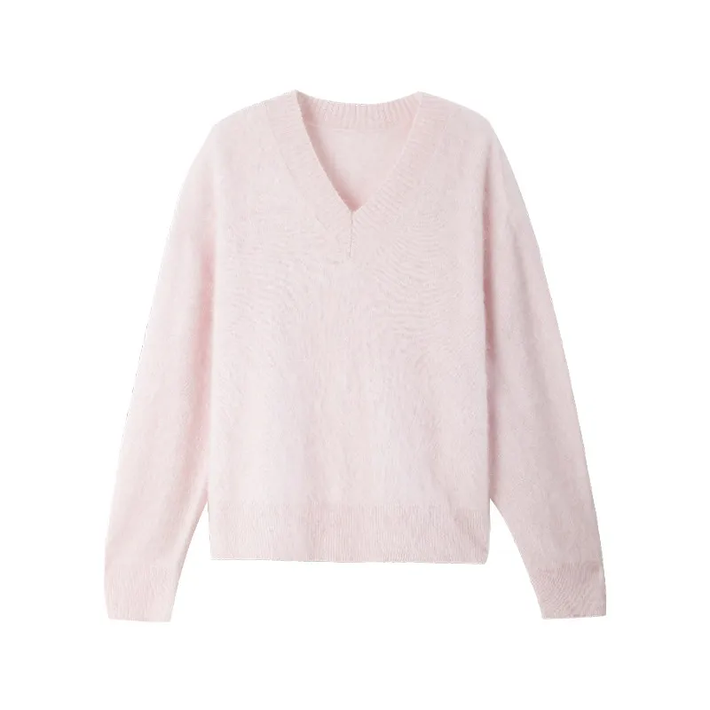 Women’s Fashion Cashmere Sweater Thick Relaxed Fit V Neck Knitted Top