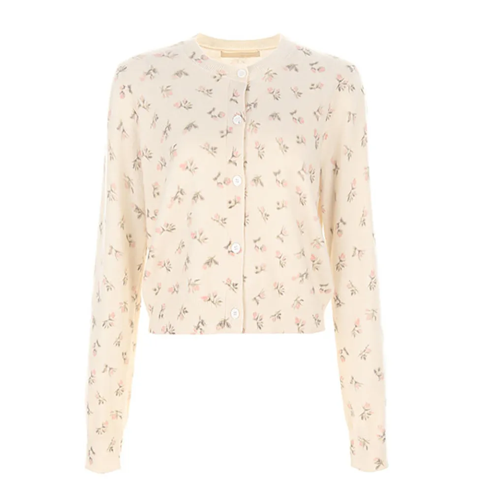 Chic Pure Wool Knitted Cardigan Women’s Delicate Floral Pattern Autumn Sweater