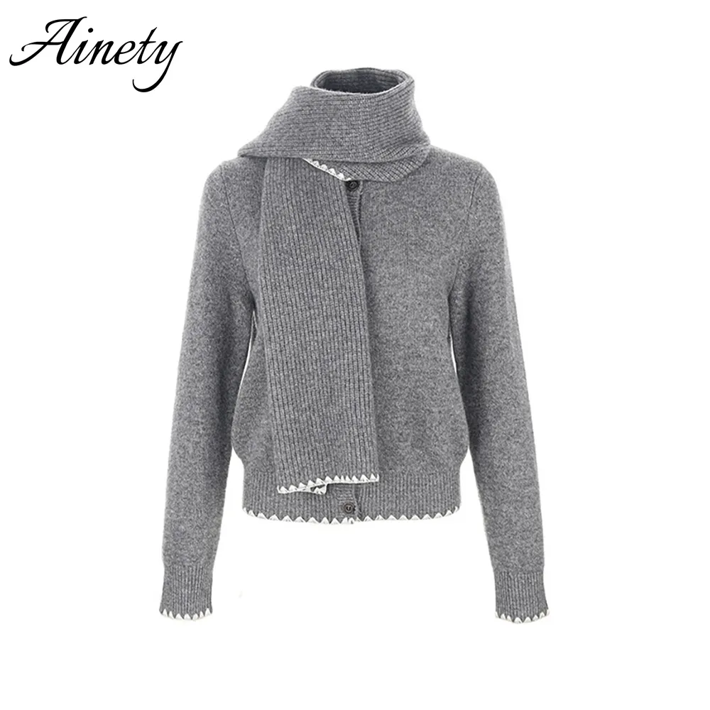 Premium Quality 100% Wool Cardigan Women’s Scarf Collar Contrast Trim Knitwear