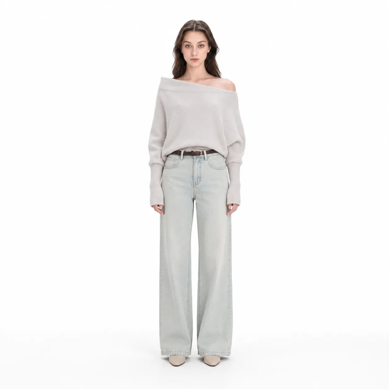 Premium 100% Merino Wool Sweater Women’s Asymmetric Off Shoulder Knit Top