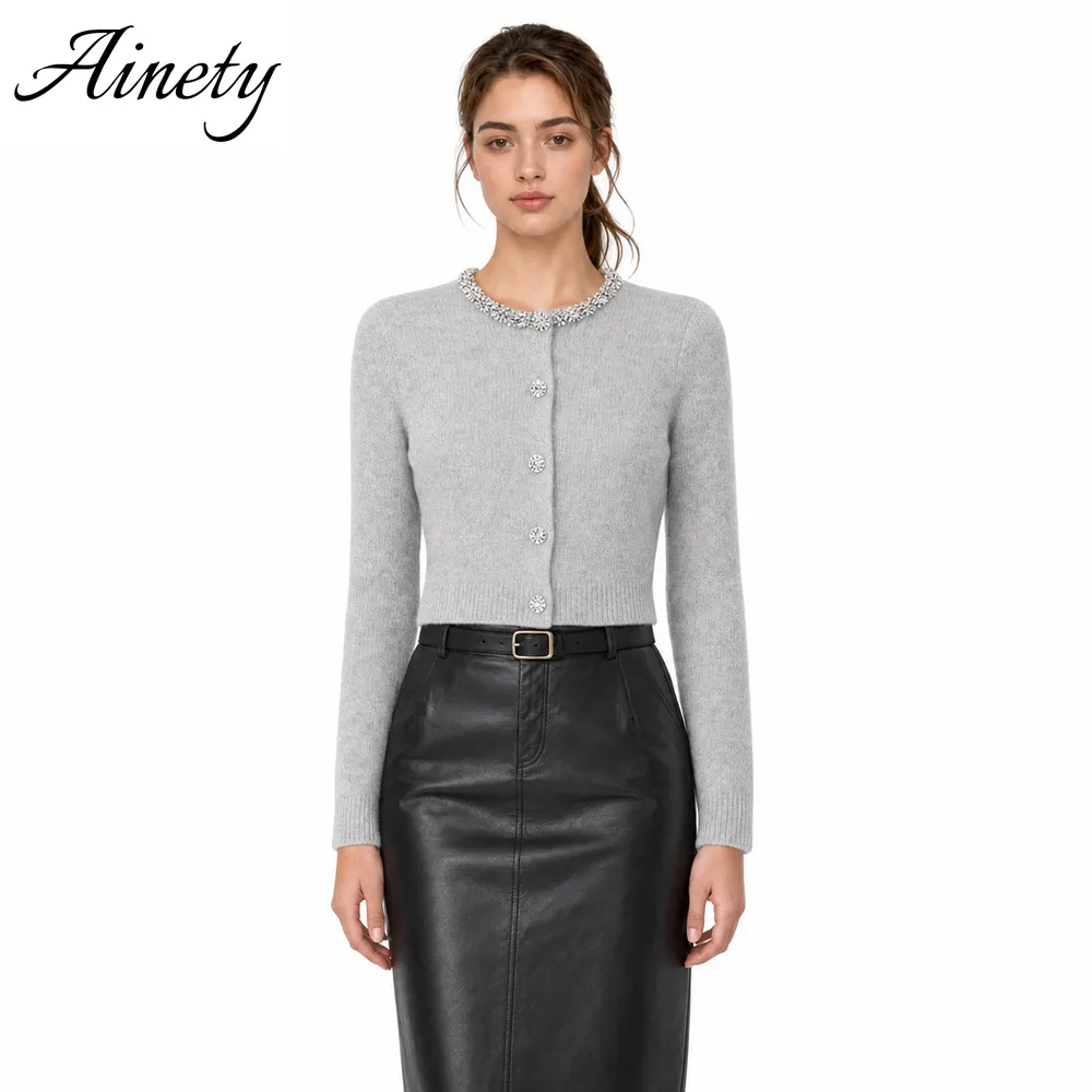 Women's Cropped Knitted Cardigan Embellished Crew Neck Long Sleeve Sweater