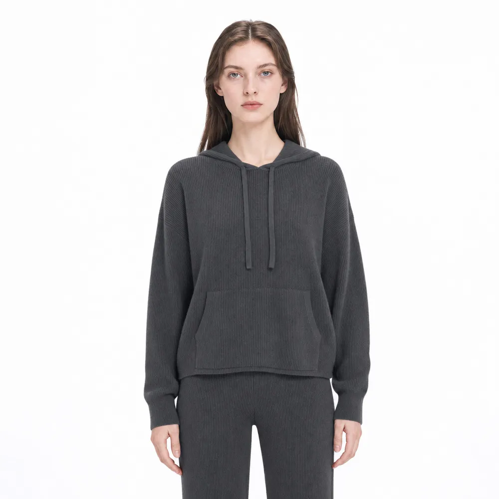Women's Hooded Knit Pullover Drawstring Long Sleeve Kangaroo Pocket Sweater