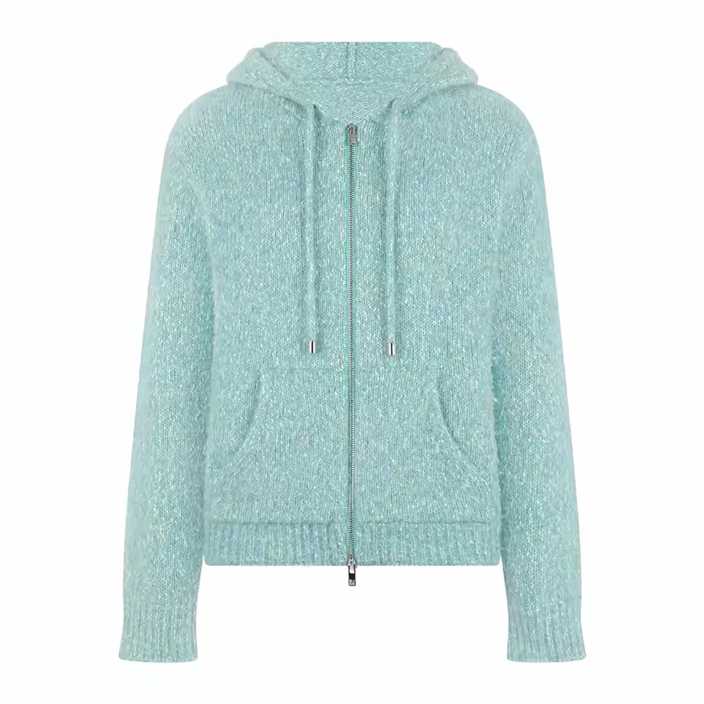 Women's Hooded Knit Cardigan Full Zip Long Sleeve Textured Sweater Jacket