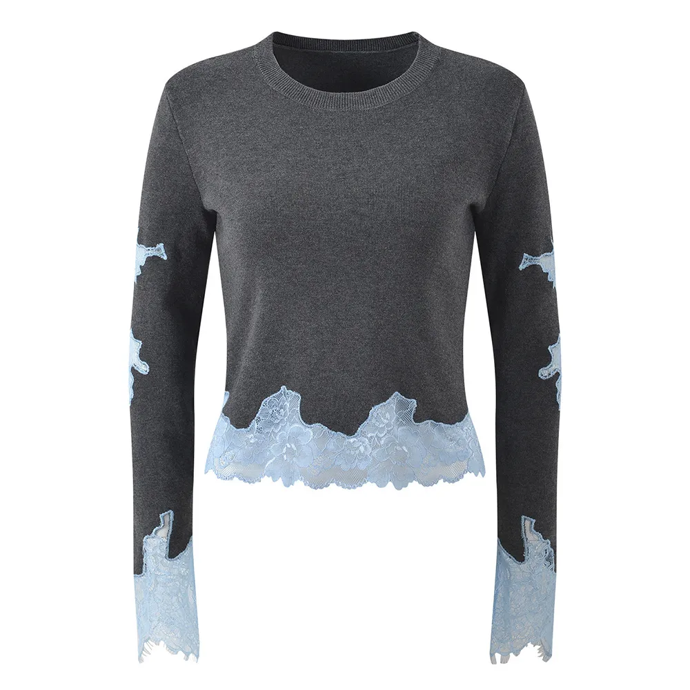 Women's Knit Pullover Crew Neck Contrast Lace Trim Long Sleeve Sweater