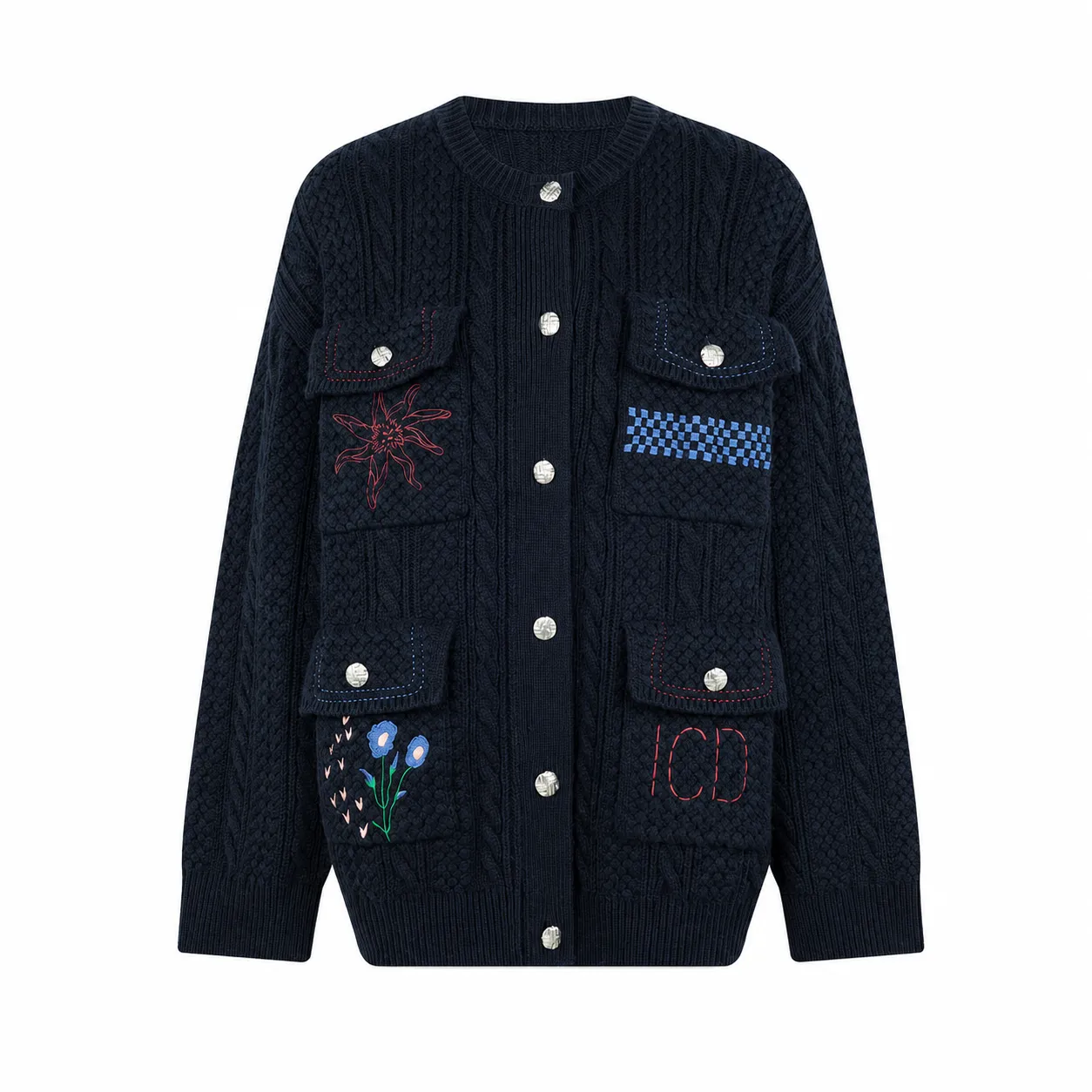 Women's Knitted Jacket Round Neck Multi Pocket Embroidered Button Front Cardigan