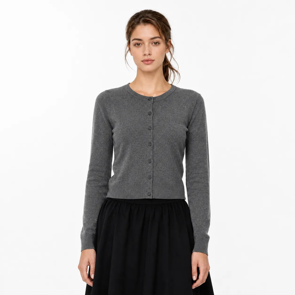 Women's Crew Neck Button Front Knitted Cardigan Long Sleeve Basic Top