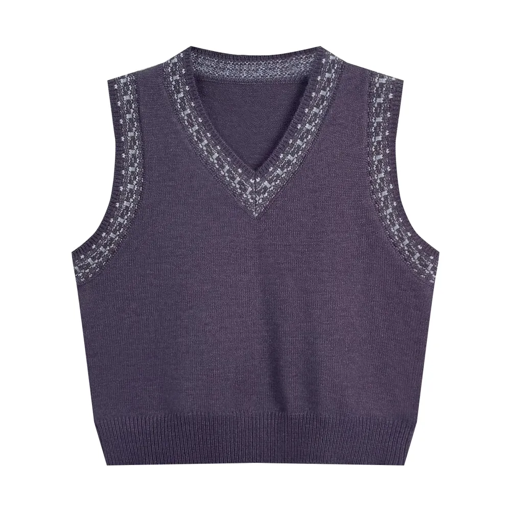 Women's Wool Knitwear V Neck Contrast Trim Sleeveless Sweater Vest