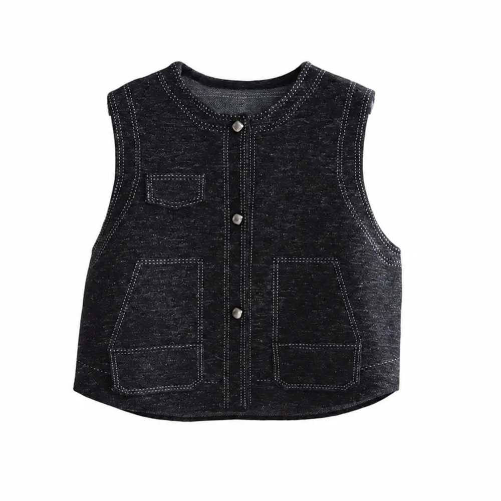 Women's Pocket Knitwear Vest Round Neck Button Front Sleeveless Sweater Jacket
