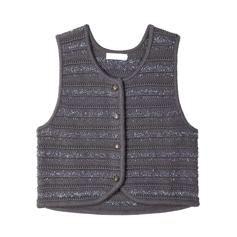 Women's Textured Knitwear Round Neck Button Front Cropped Sweater Vest