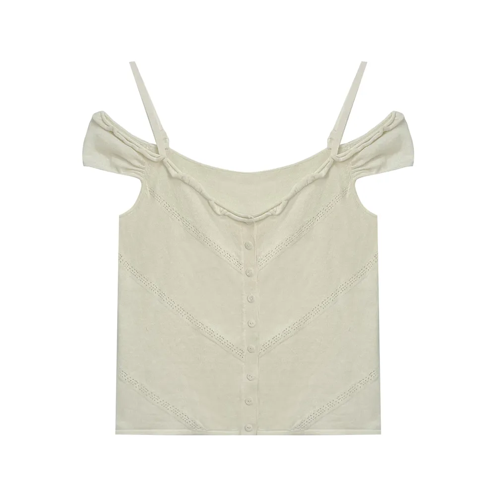 Women’s Cotton Knitted Sweater Ruffle Trim Cold Shoulder Camisole
