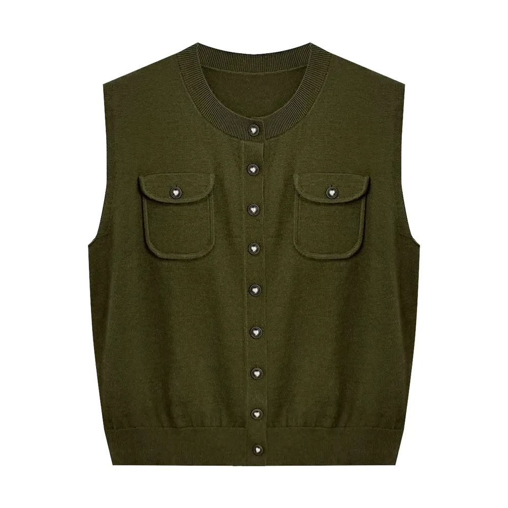 Women’s 100% Lyocell Knitted Sweater Sleeveless Button Pocket Cardigan