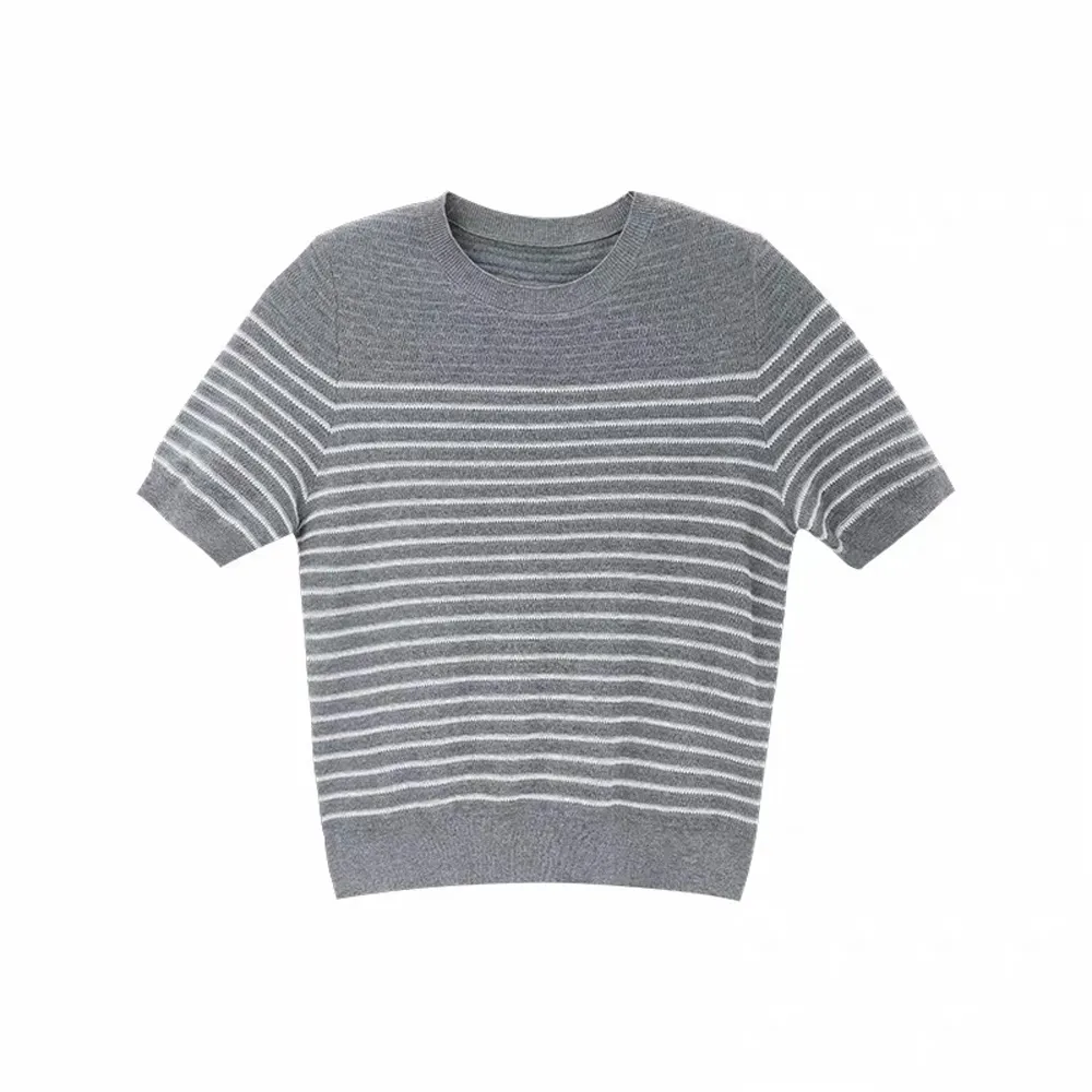 Women’s Cotton Knitted Sweater Crew Neck Short Sleeve Striped Pullover