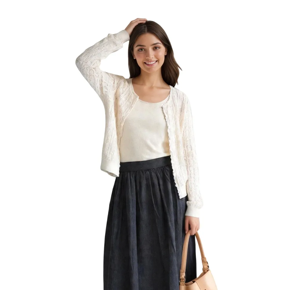 Women’s Cotton Knitted Sweater Collarless Open Front Lace Cardigan