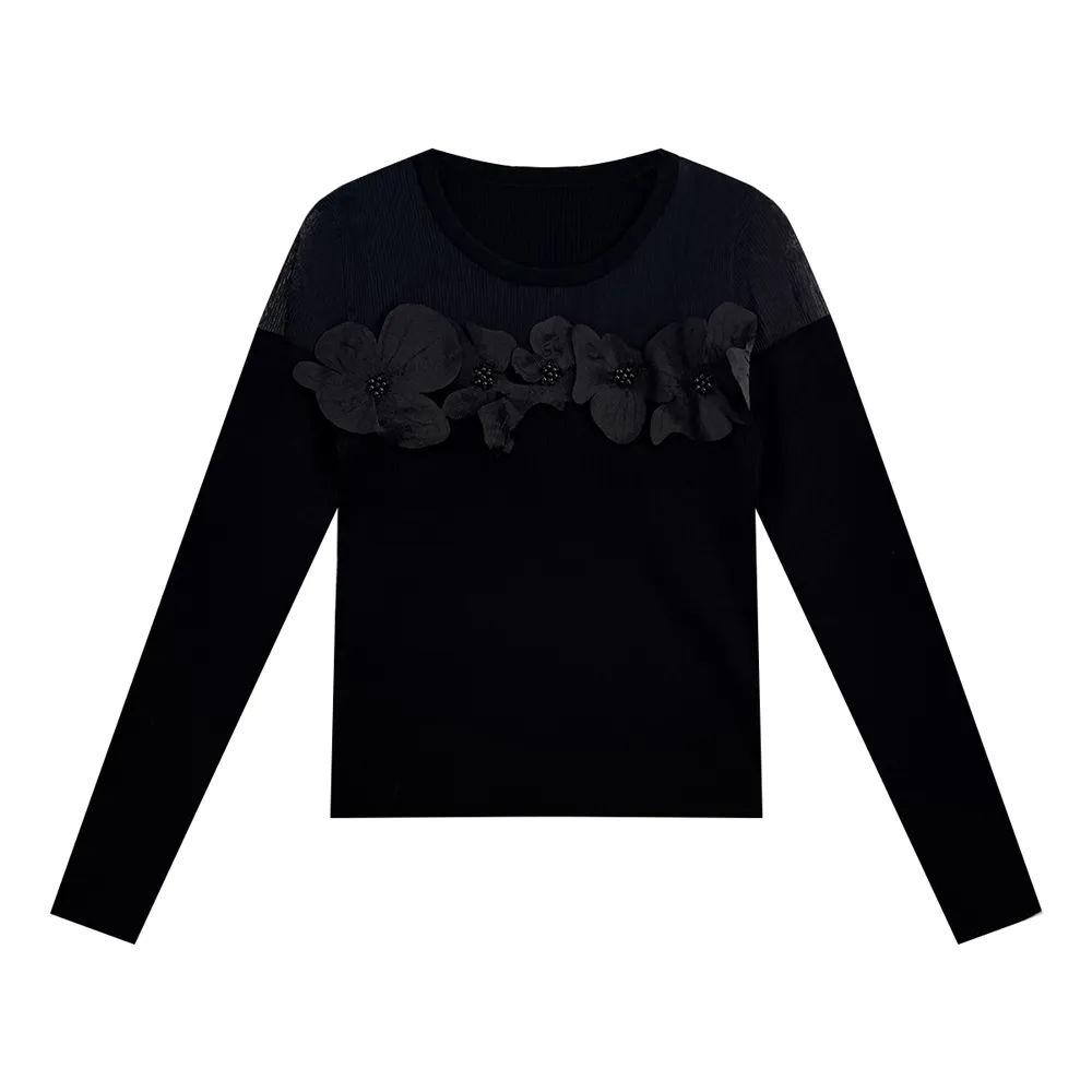 Women’s Crew Neck Knitted Sweater Sheer Yoke Long Sleeve Top