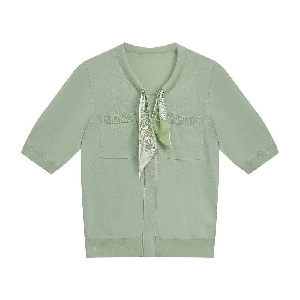 Factory Supply Women Knitwear Scarf Neck Short Sleeve Zipper Cardigan