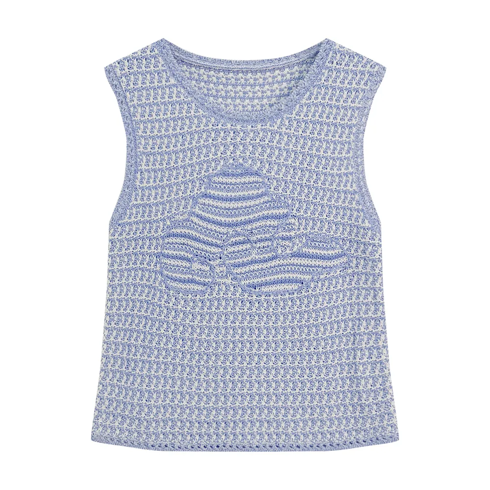 Knitwear Factory Women’s Openwork Floral Applique Sleeveless Sweater Top