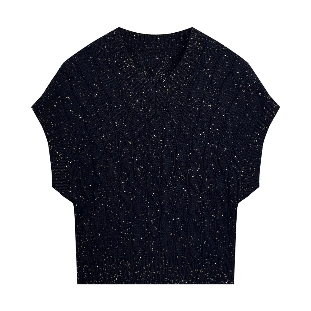 Direct Manufacturer Women Knitwear V Neck Sequin Cable Wool Sweater Vest