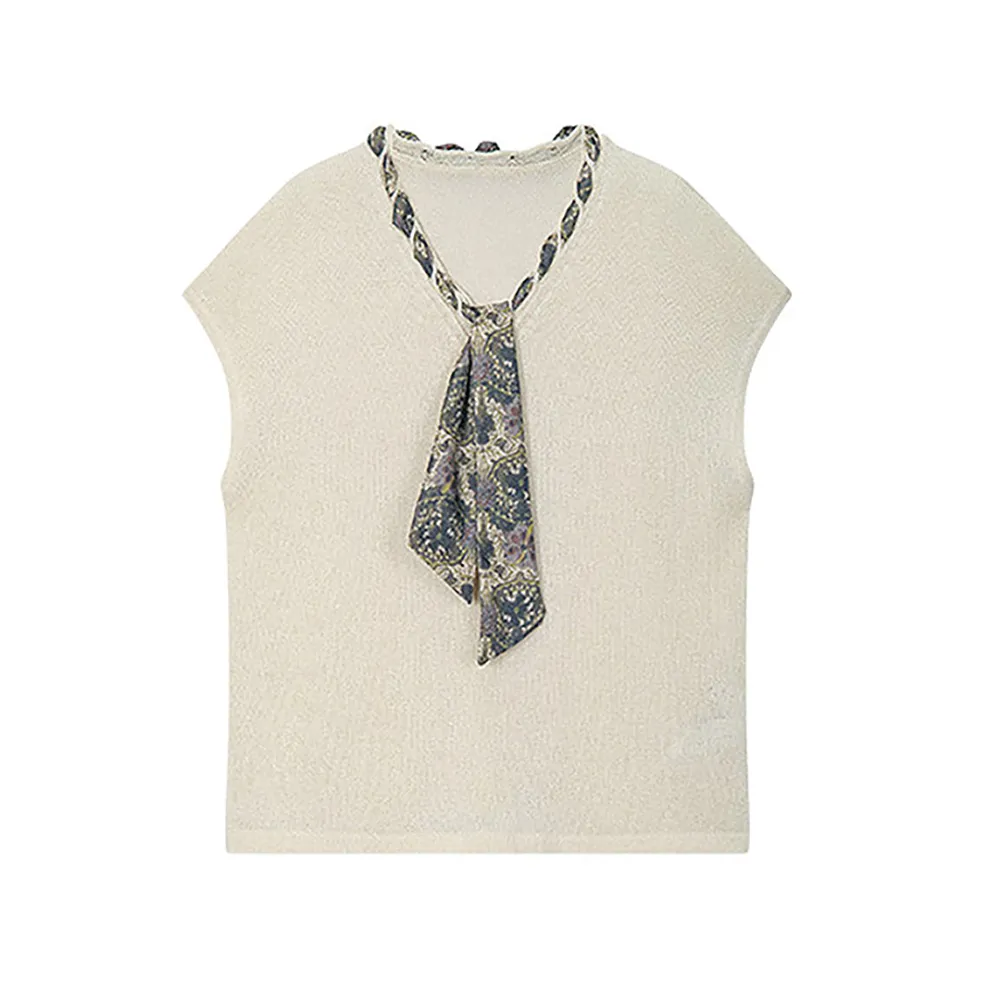 Factory Supply Women Knitwear Crew Neck Scarf Detail Sweater Top