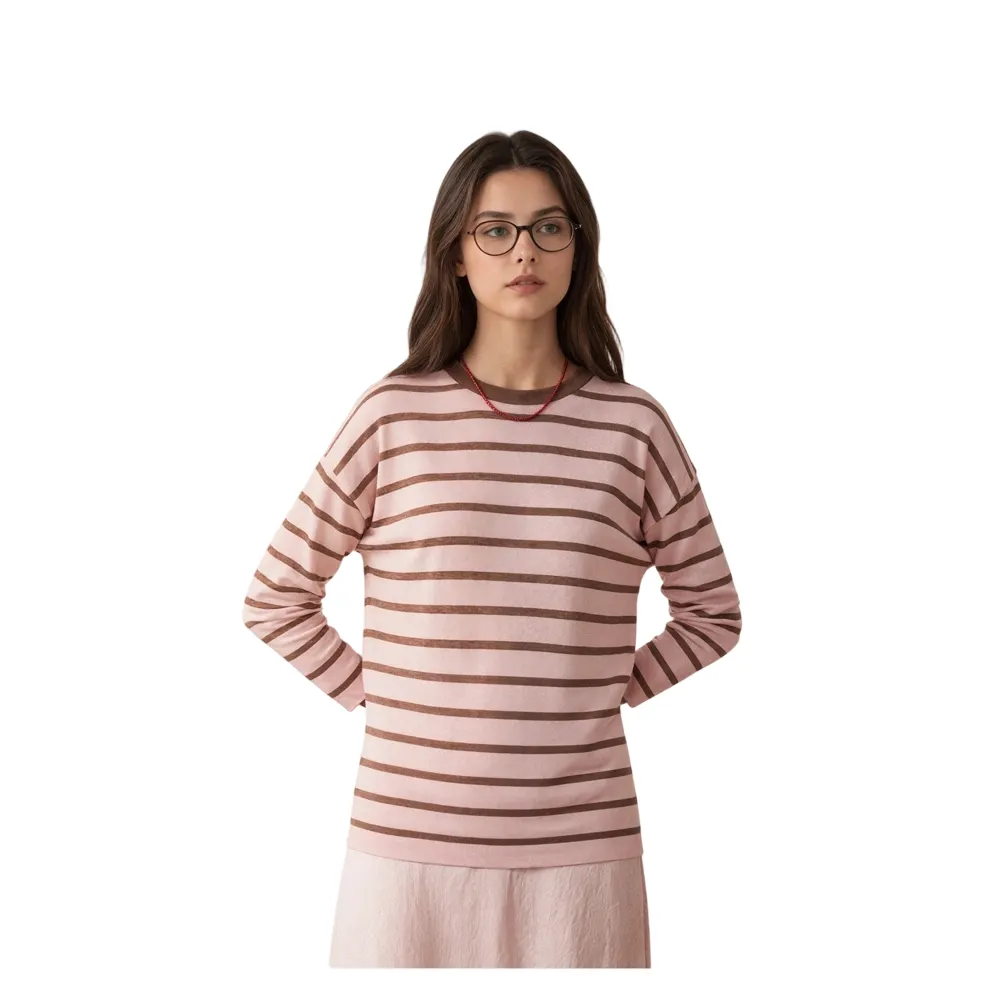 OEM Women Knitwear Crew Neck Striped Long Sleeve Pullover Sweater