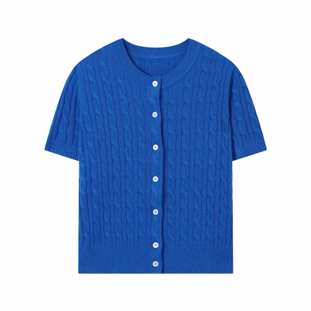Factory Direct Women Knitwear Cable Knit Short Sleeve Button Cardigan
