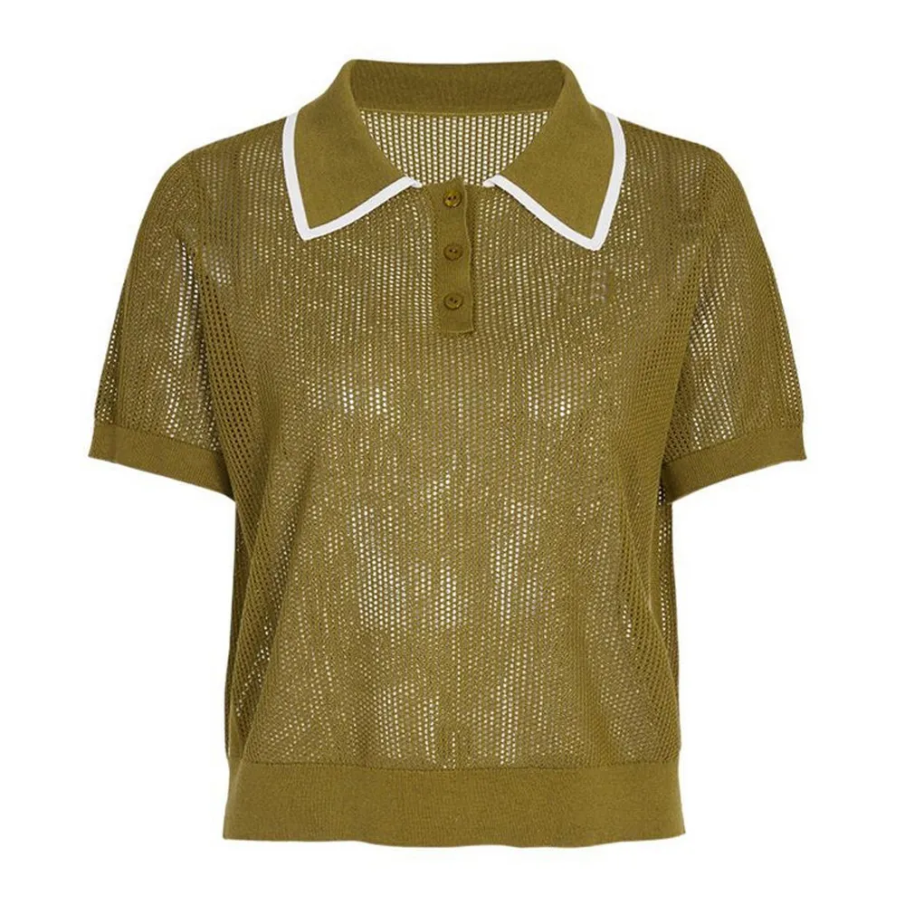 Source Manufacturer Women Knitwear Openwork Short Sleeve Polo Sweater