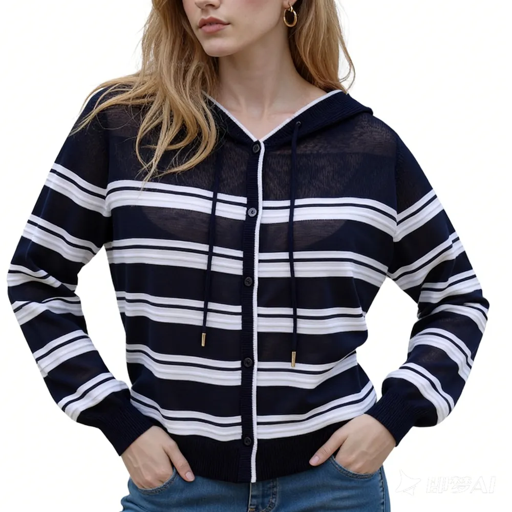 Women’s Striped Knitted Sweater Long Sleeve Hooded Cardigan with Pockets**