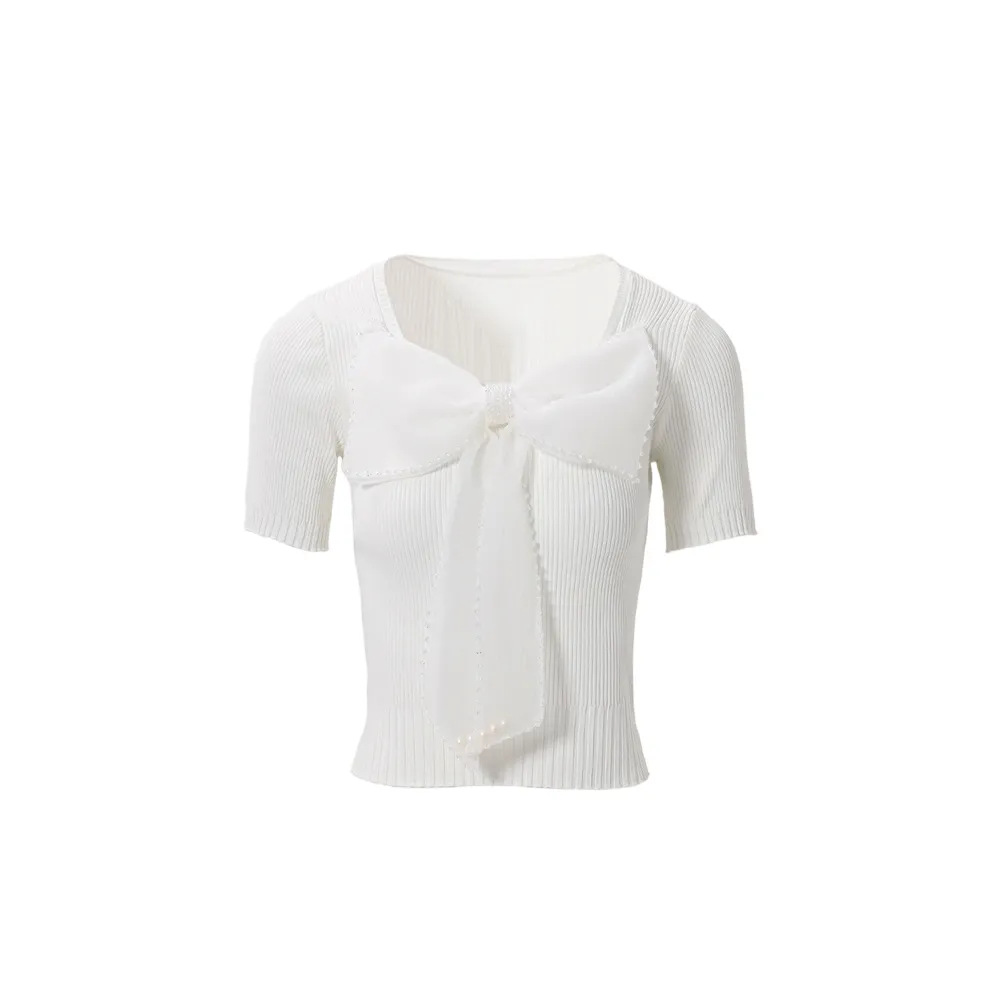 Factory Supply Women Knitwear Square Neck Bow Short Sleeve Sweater