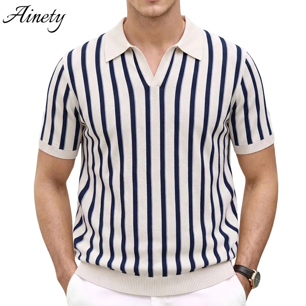 Men's Knitwear Vintage Striped Short Sleeve Golf Polo Shirt Classic Collared Apparel