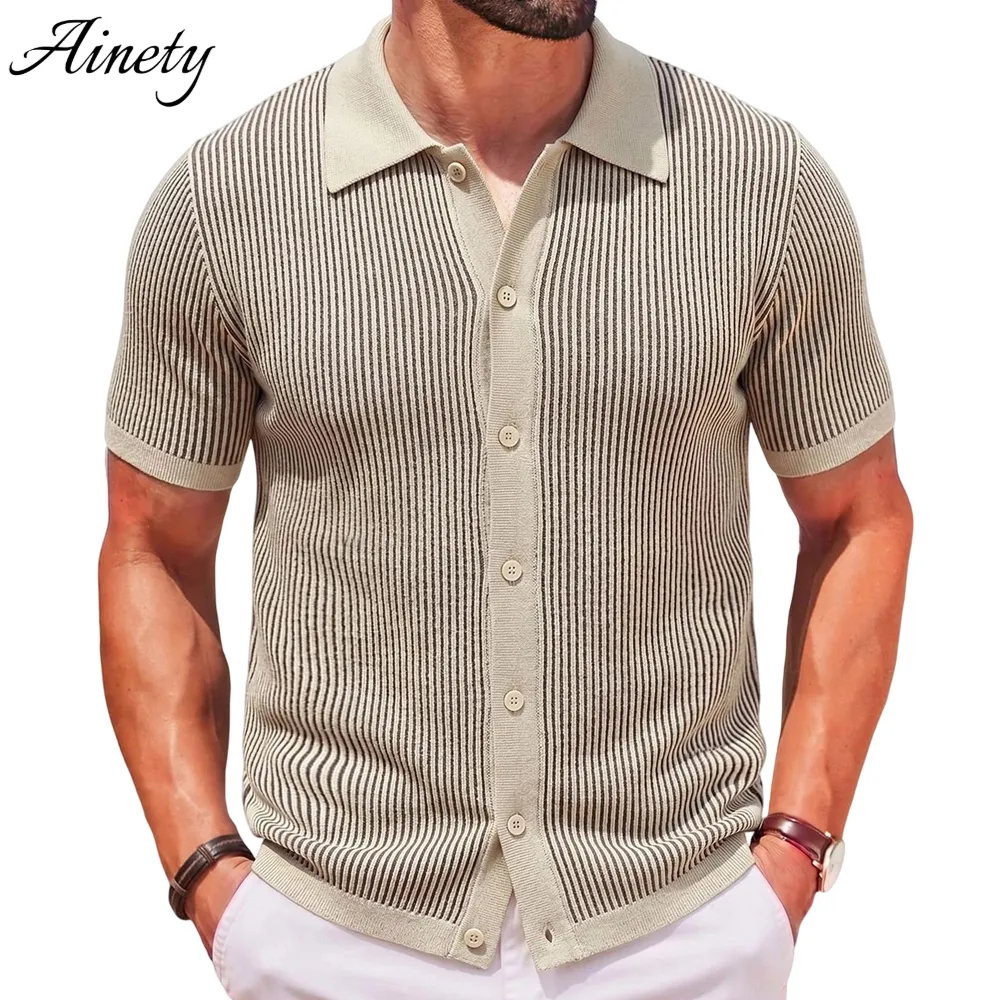 Direct Factory Men's Knit Button Down Striped Polo Shirt Casual Garment