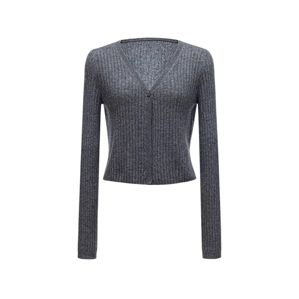 Women's Cashmere Sweater V Neck Ribbed Button Cardigan