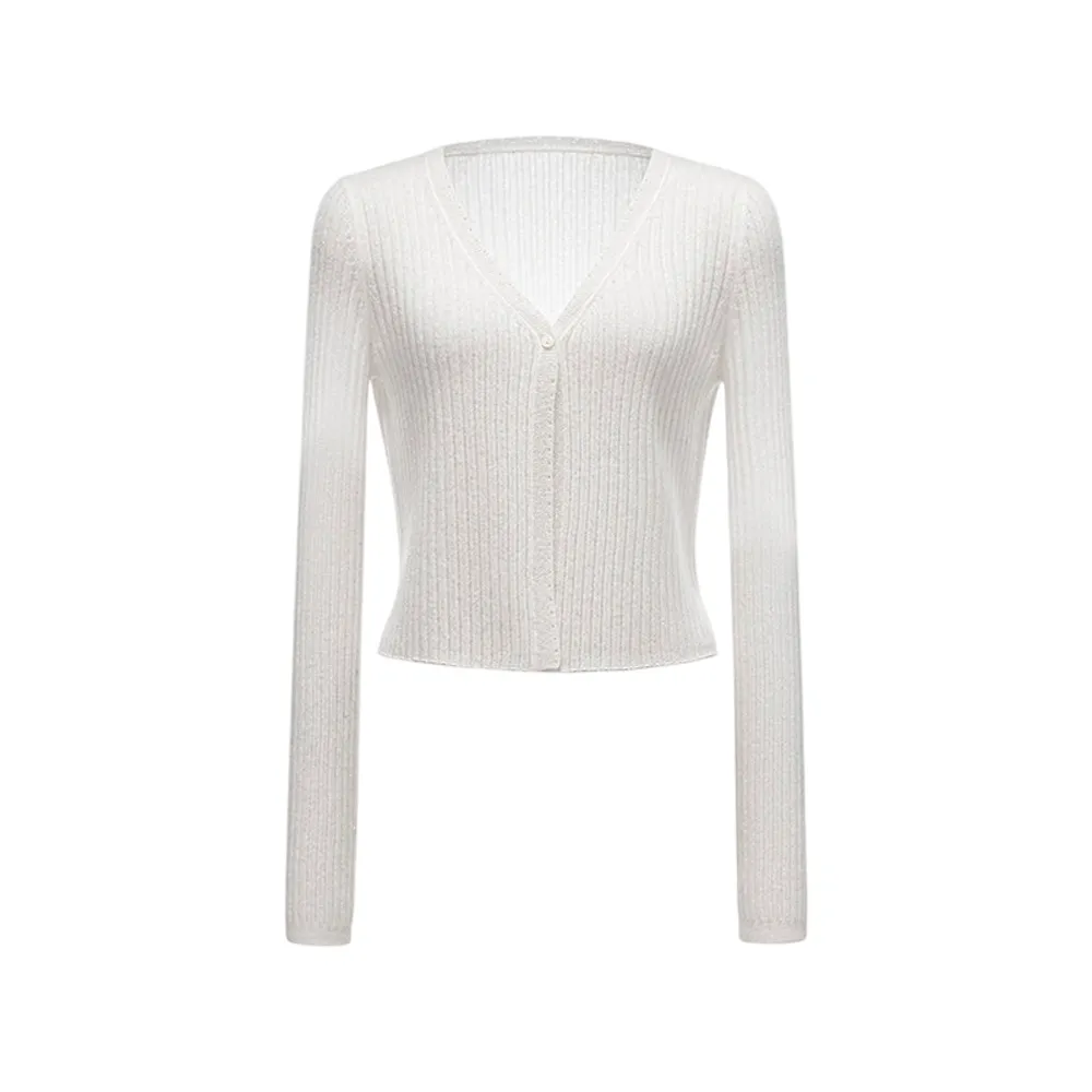 Women's Cashmere Sweater V Neck Ribbed Button Cardigan